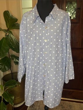 Alfred Dunner Women’s button top, blue & white striped, white stars Sz 3X
